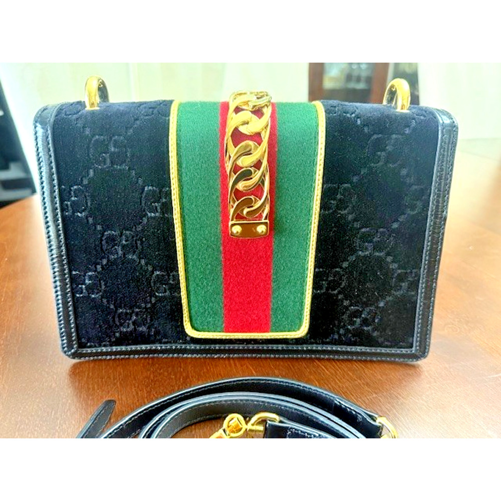 Gucci Black Gold GG Monogram Velvet Sylvie Small Shoulder Crossbody Bag GORGEOUS - Picture 4 of 16